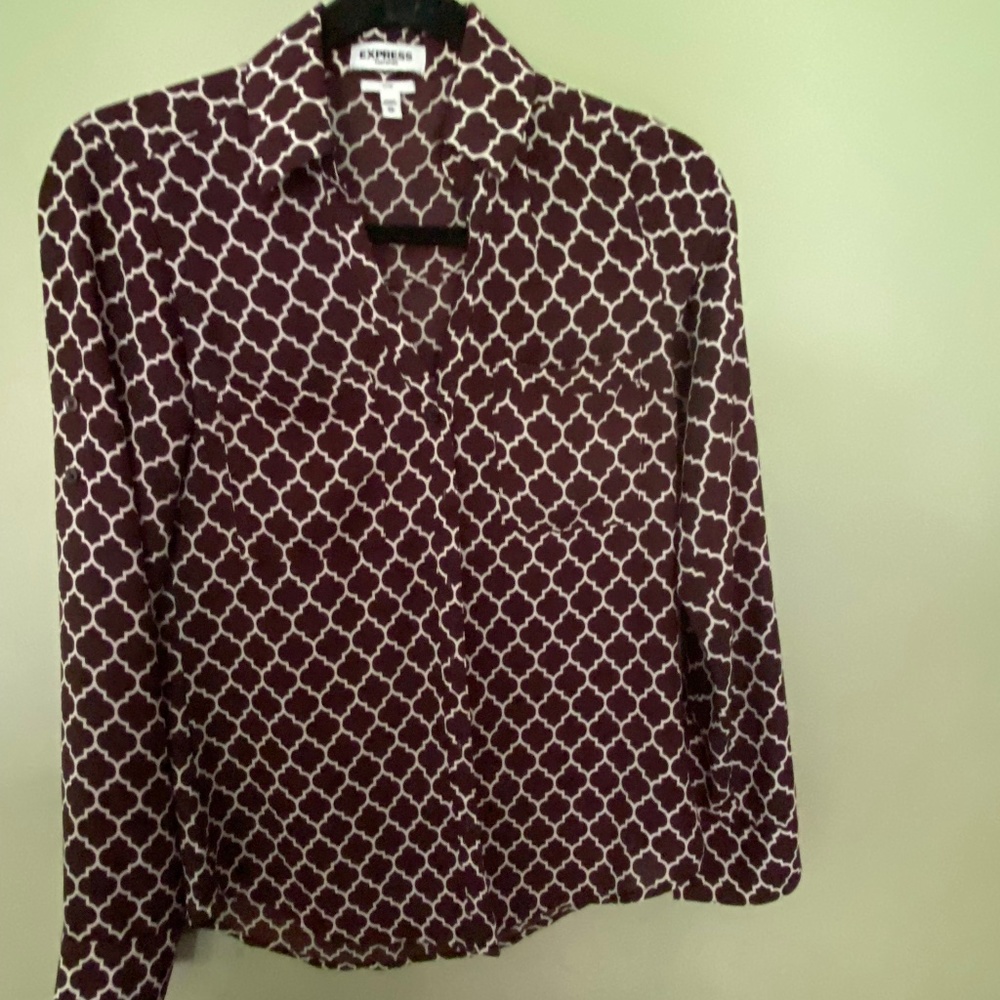 Express Portofino Shirt Blouse slim fit maroon and white pattern in size S